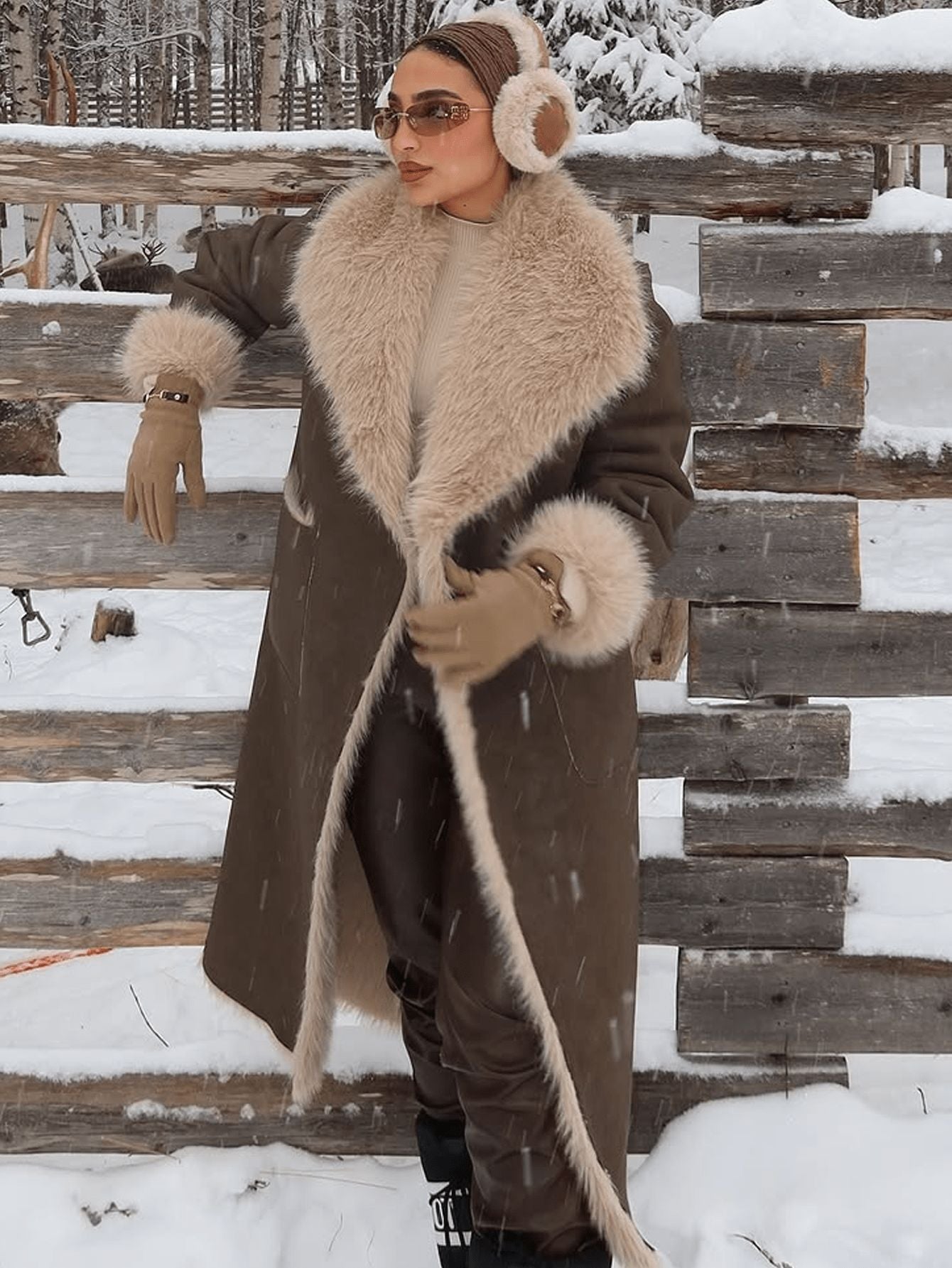 Women Reversible Faux Fur Long Coat Shearling Effect Winter Coat