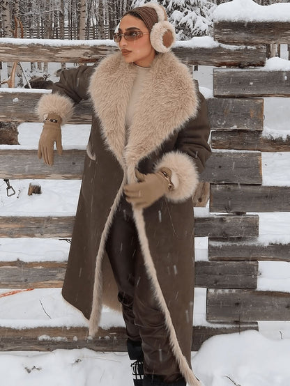 Women Reversible Faux Fur Long Coat Shearling Effect Winter Coat