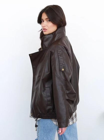 Oversized Brown PU Leather Biker Jacket Double Collar Motorcycle