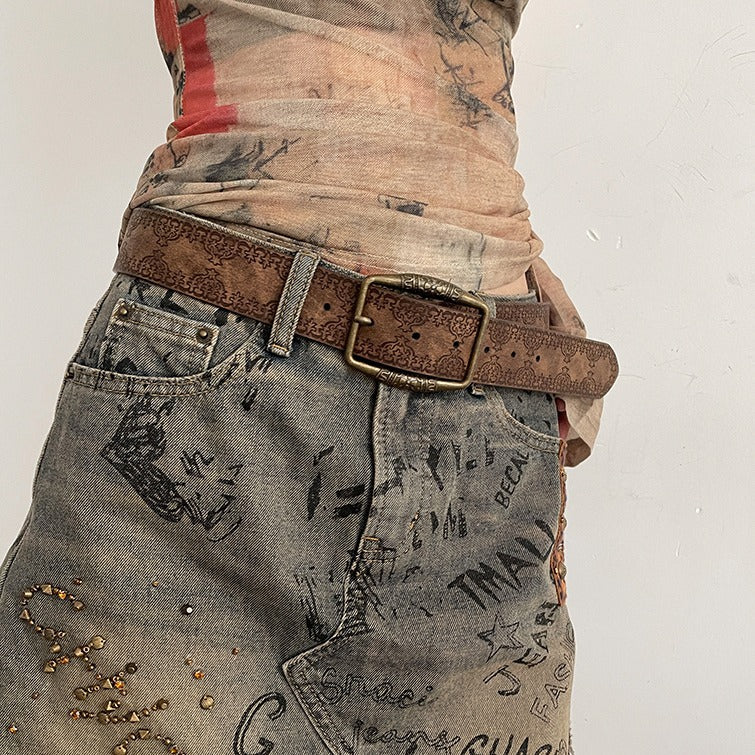 Vintage Printed Faux Leather Belt for Women