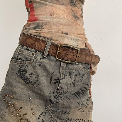 Vintage Printed Faux Leather Belt for Women