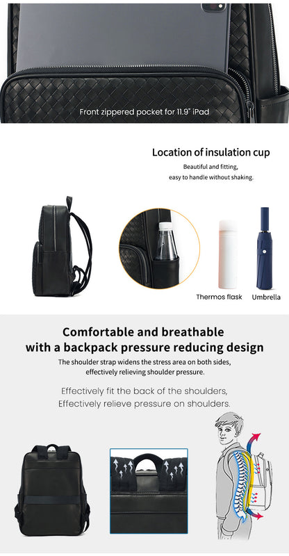 Men Leather Business Backpack With Trolley Sleeve