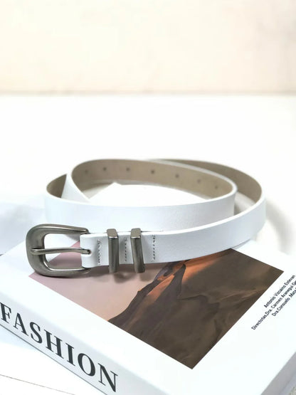 Retro silver buckle cowhide women leather belt