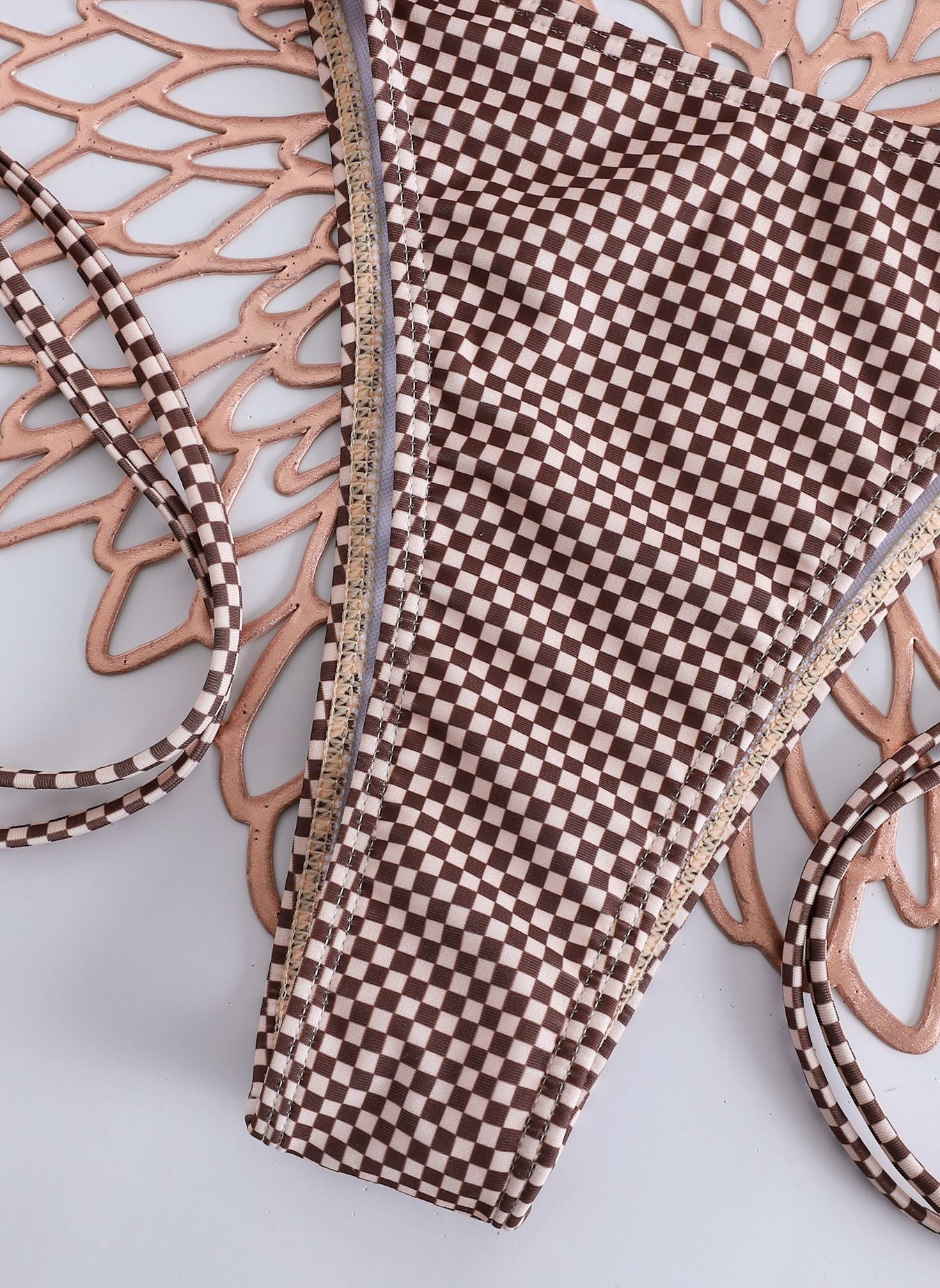 Brown Checkered Two Piece Bikini Set with Floral Appliqués