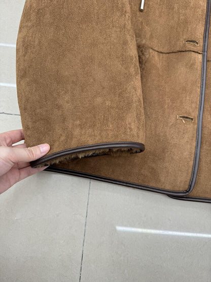 Women Shearling Fur Suede Hooded Coat