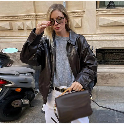 Women Faux Leather Bomber Jacket with Zipper Front