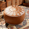 Faux Leather Pouf Ottoman with White Floral Embroidery for Living Rooms