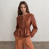 Brown Faux Leather Jacket for Women with Drawstring Waist