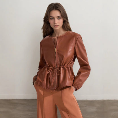 Brown Faux Leather Jacket for Women with Drawstring Waist