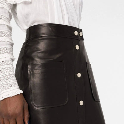Black PU Leather Midi Pencil Skirt with Buttons and Front Pockets