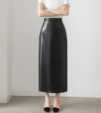 Brown PU Leather High Waist Midi Skirt with Back Slit