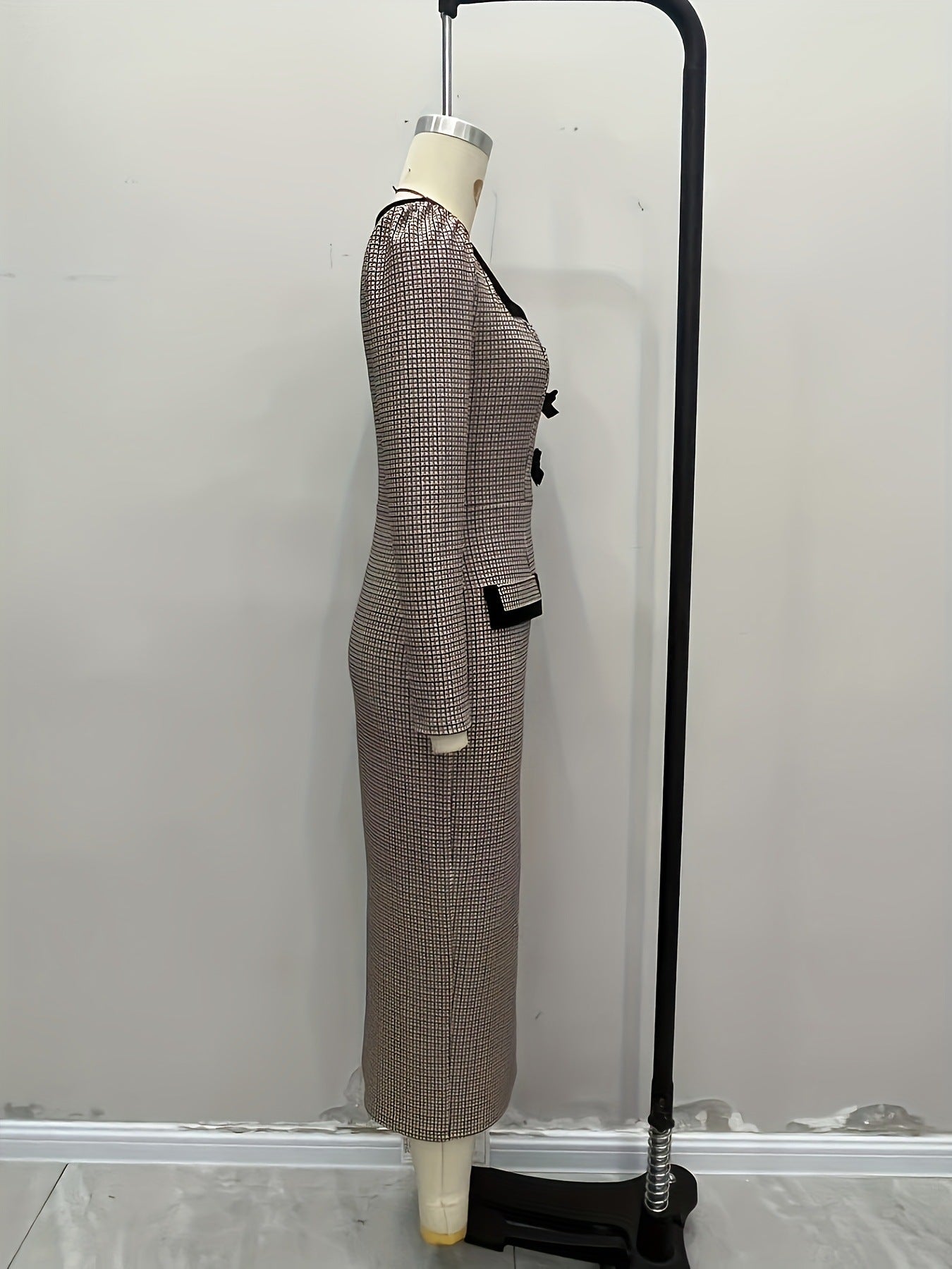 Plaid Midi Long Sleeve Dress with Bows and Square Neckline