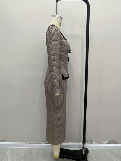 Plaid Midi Long Sleeve Dress with Bows and Square Neckline