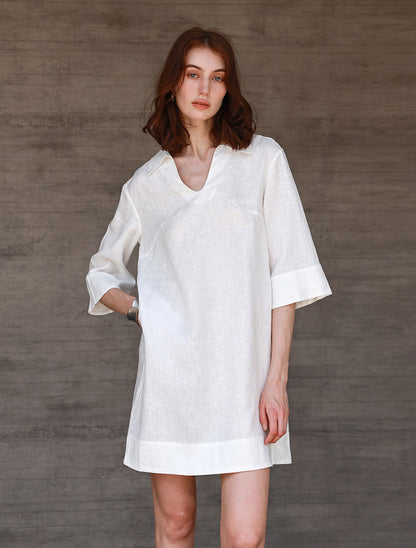 White linen shirt dress v neck half sleeve summer casual White S