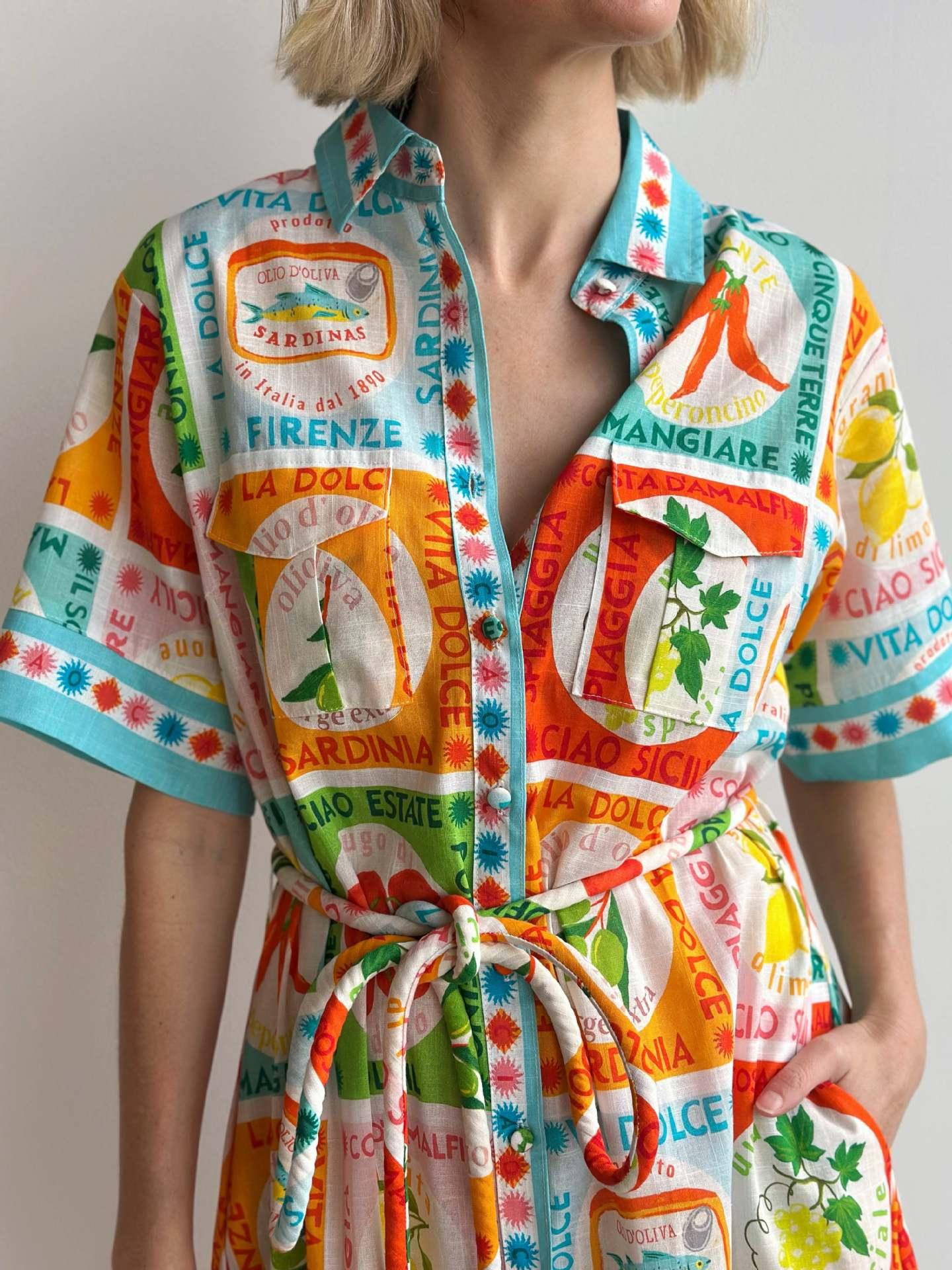 Printed linen maxi shirt collar summer dress