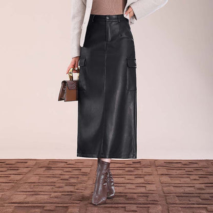 Flap Pocket Split Thigh Imitation Leather Skirt