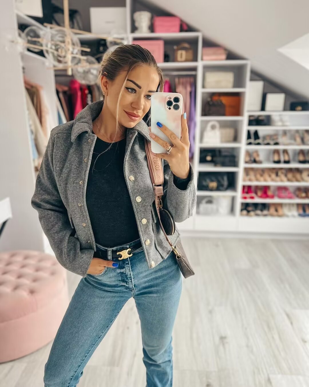 Women’s Wool Blend Cropped Jacket with Gold Metal Buttons