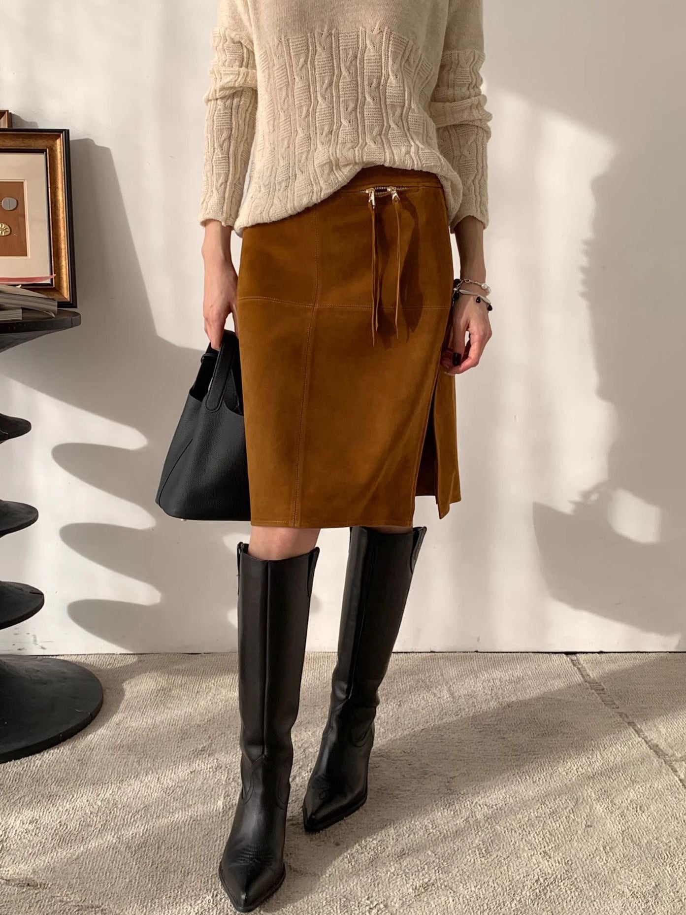 Genuine Leather Suede Skirt with Zipper Tassel and Side Slit