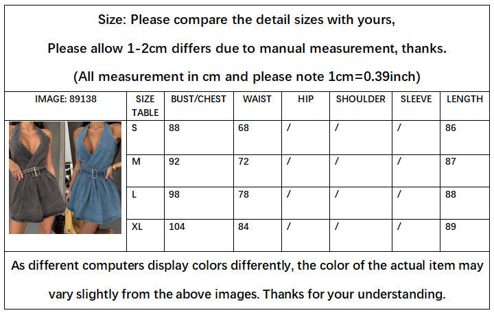 Women’s Denim Halter Mini Dress – Backless Belted Jean Dress