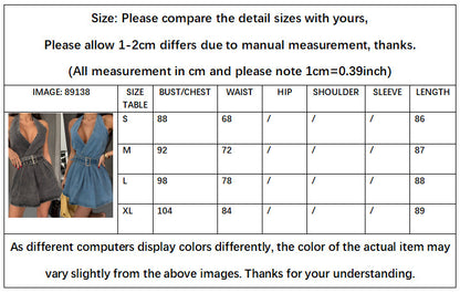 Women’s Denim Halter Mini Dress – Backless Belted Jean Dress