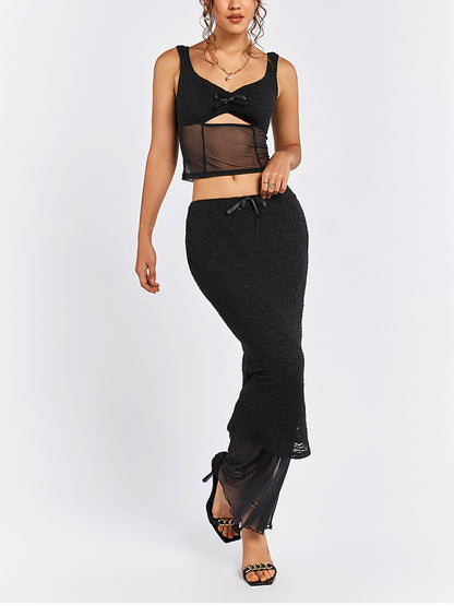 Black mesh camisole top with bow detail