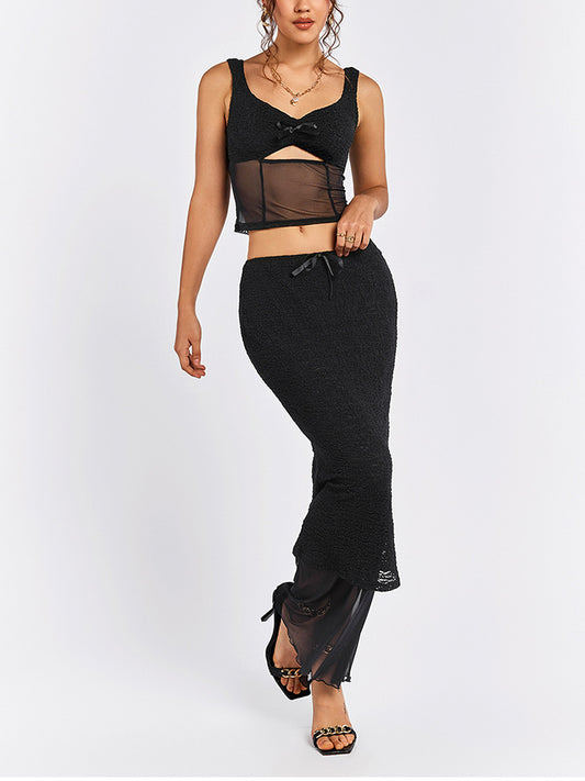 Black mesh camisole top with bow detail