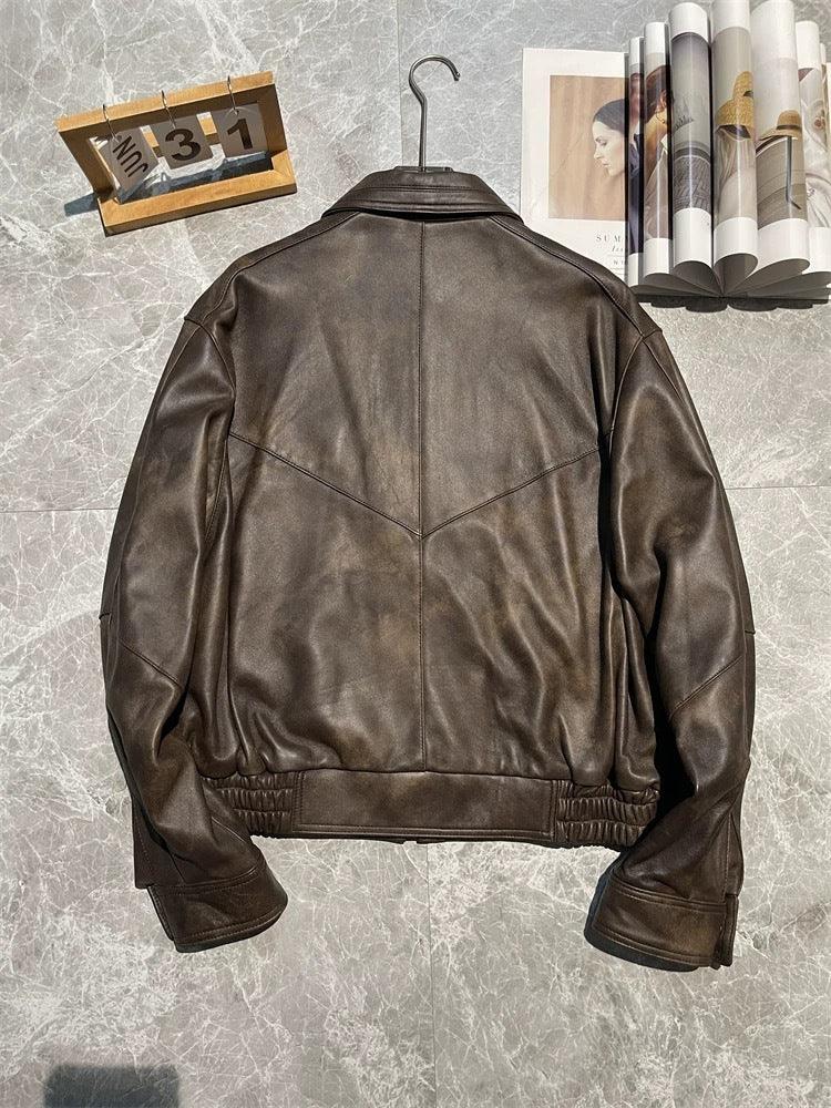 Brown sheepskin leather flight jacket with dropped shoulder