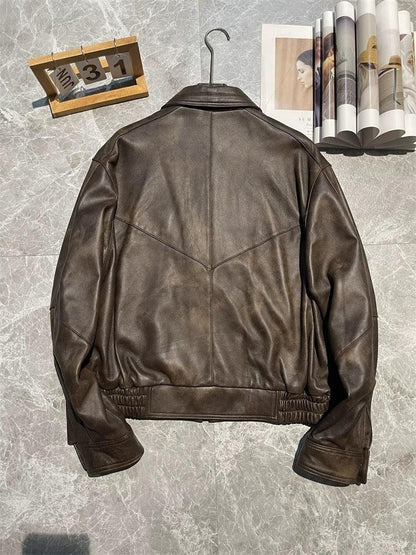 Brown sheepskin leather flight jacket with dropped shoulder