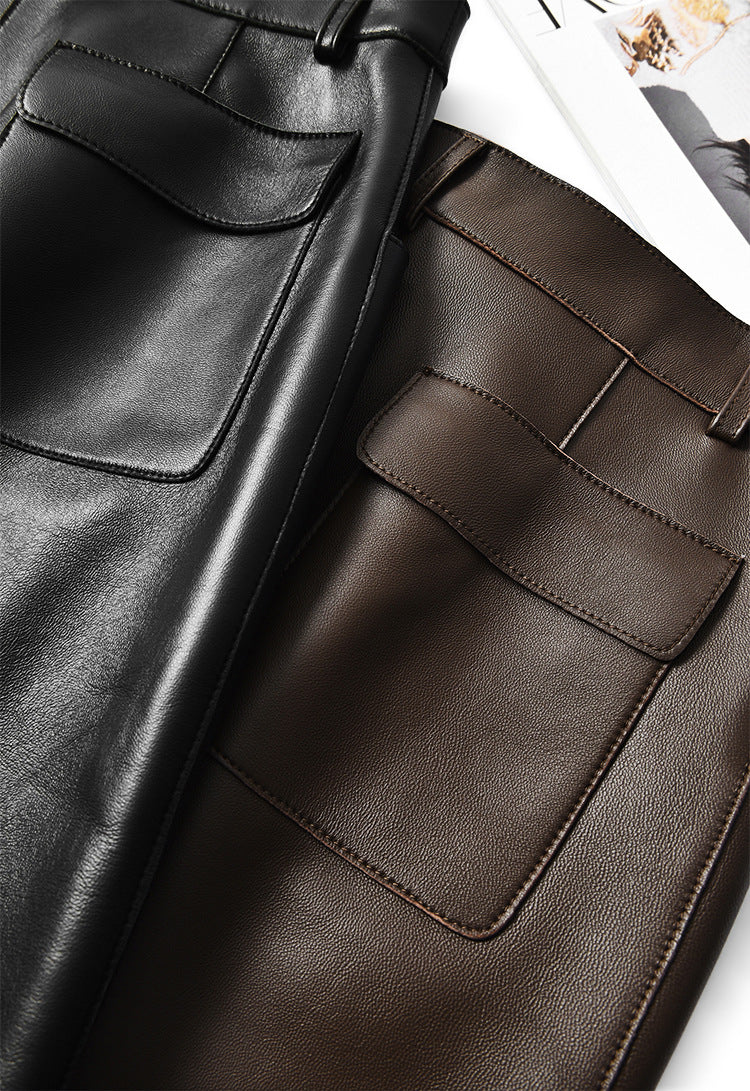 Women’s Sheepskin Midi Leather Skirt with Front Slit