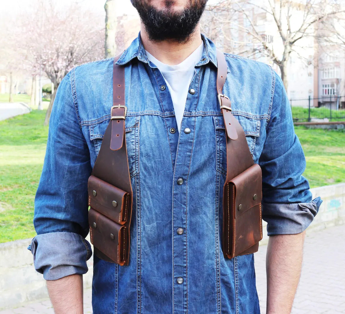 Men’s Shoulder Holster Bag in Brown Faux Leather for Hands-Free Carry