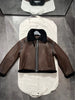 Brown High Waist Moto Style Leather Bomber Jacket with Black Fur Collar