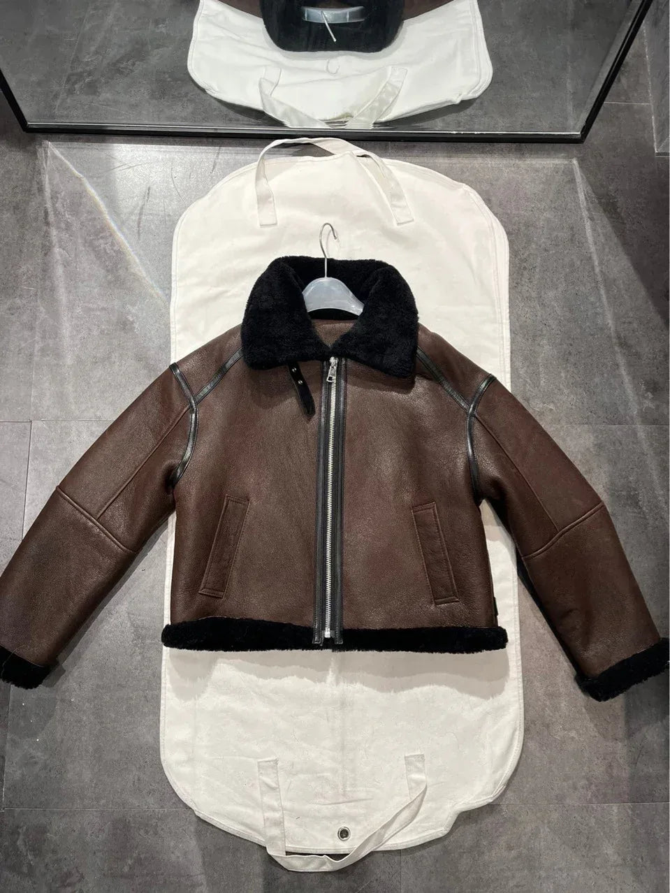 Brown High Waist Moto Style Leather Bomber Jacket with Black Fur Collar