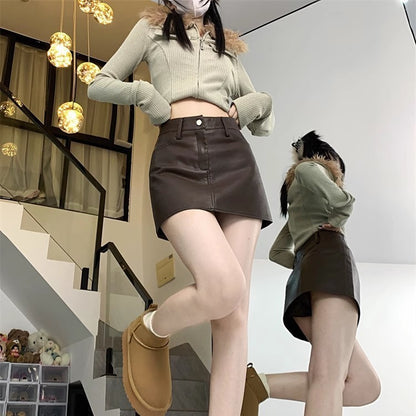 High Waist Black PU Leather Mini Skirt for Women