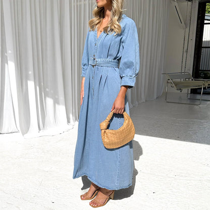 Denim Long Dress Women Button Front Belted V Neck Midi