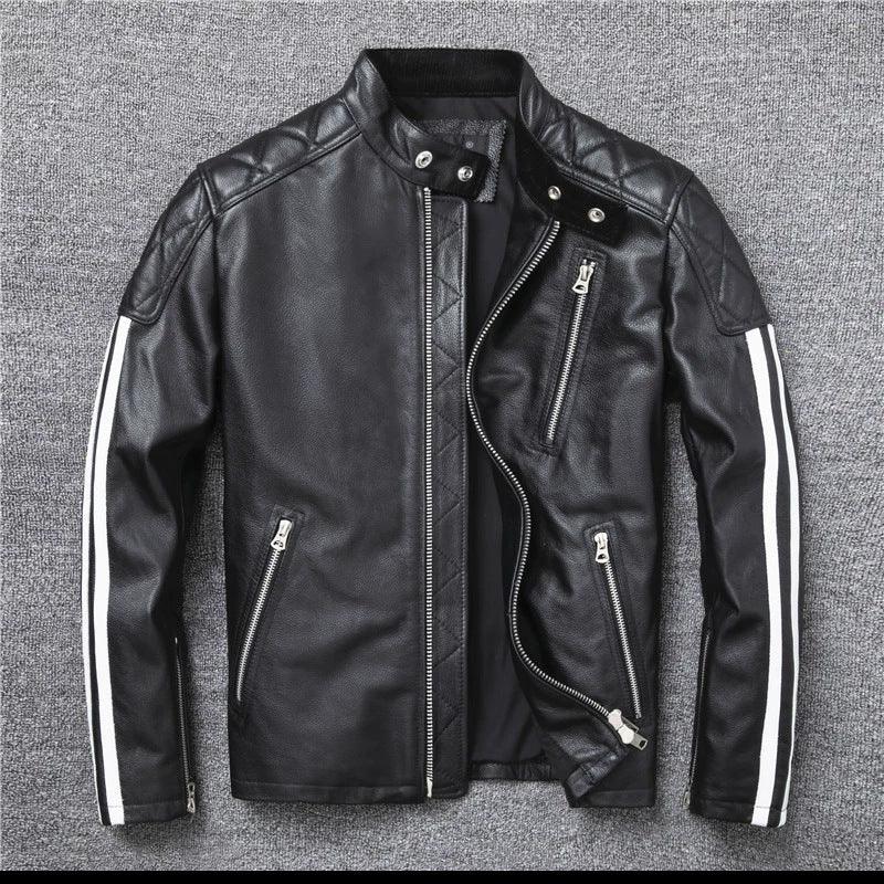 Men’s Genuine Leather Biker Jacket with Racing Stripes