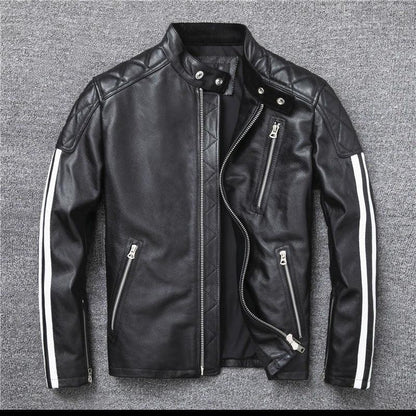 Men’s Genuine Leather Biker Jacket with Racing Stripes