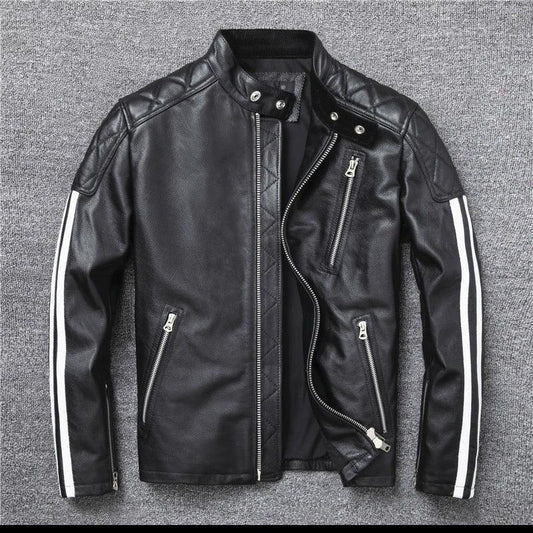 Men’s Genuine Leather Biker Jacket with Racing Stripes