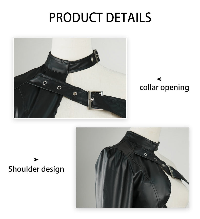 Black one shoulder pu leather punk jacket