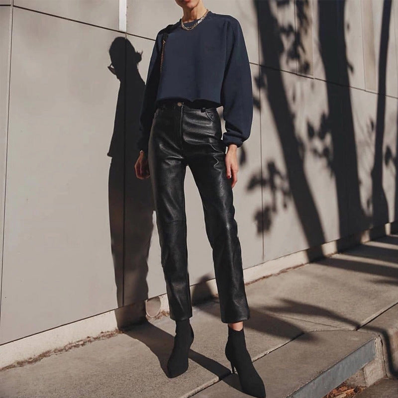 Women High Waisted Genuine Leather Carrot Pants