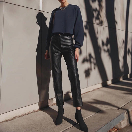 Women High Waisted Genuine Leather Carrot Pants