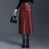 Black PU Leather Midi Pencil Skirt with Slit