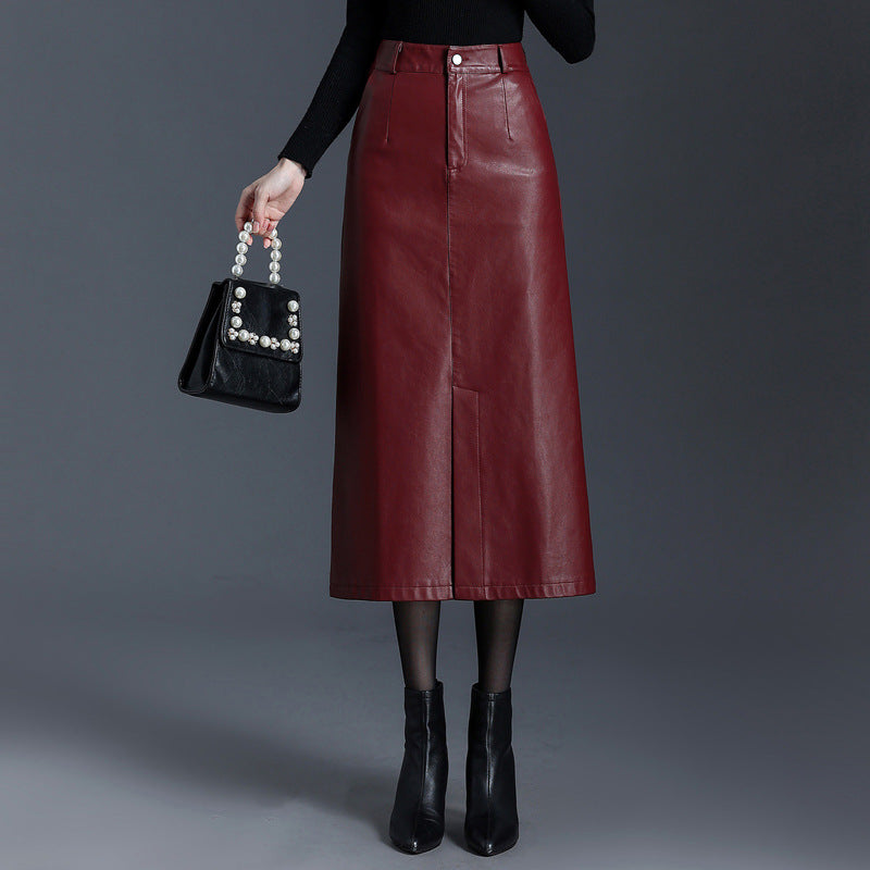 Black PU Leather Midi Pencil Skirt with Slit
