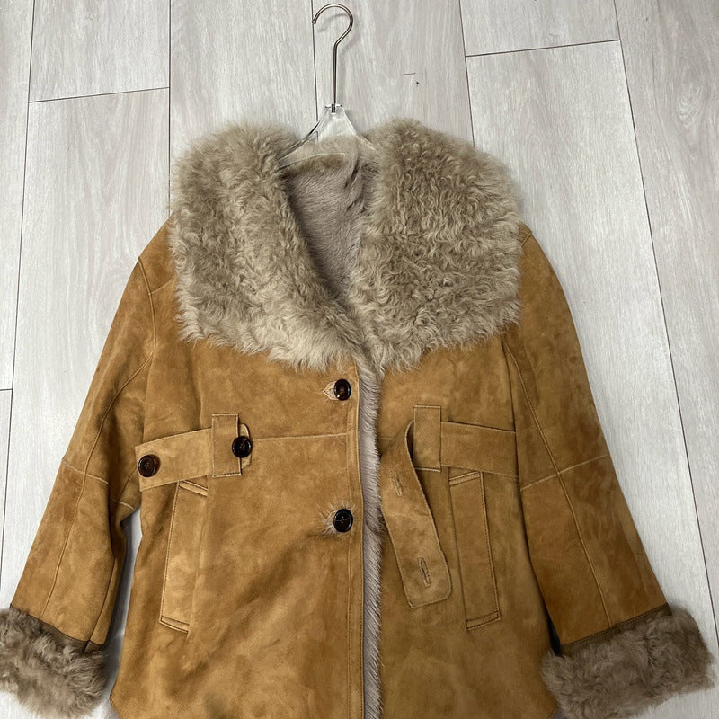 Women’s Suede Trench Coat with Real Fur Collar