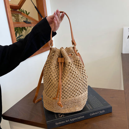 Straw Beach Bucket Bag for Women with Leather Strap
