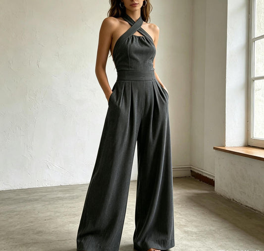 Women’s Halter Neck Wide Leg Jumpsuit with Pockets 1 S
