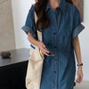 Short Sleeve Denim Shirt Dress for Women Loose Jean