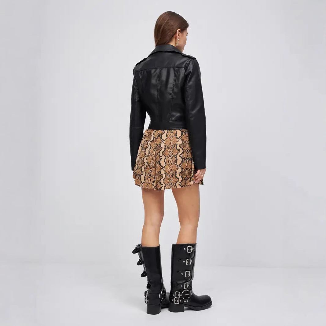 Black Biker Style Faux Leather Jacket with Belted Waist