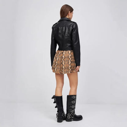 Black Biker Style Faux Leather Jacket with Belted Waist