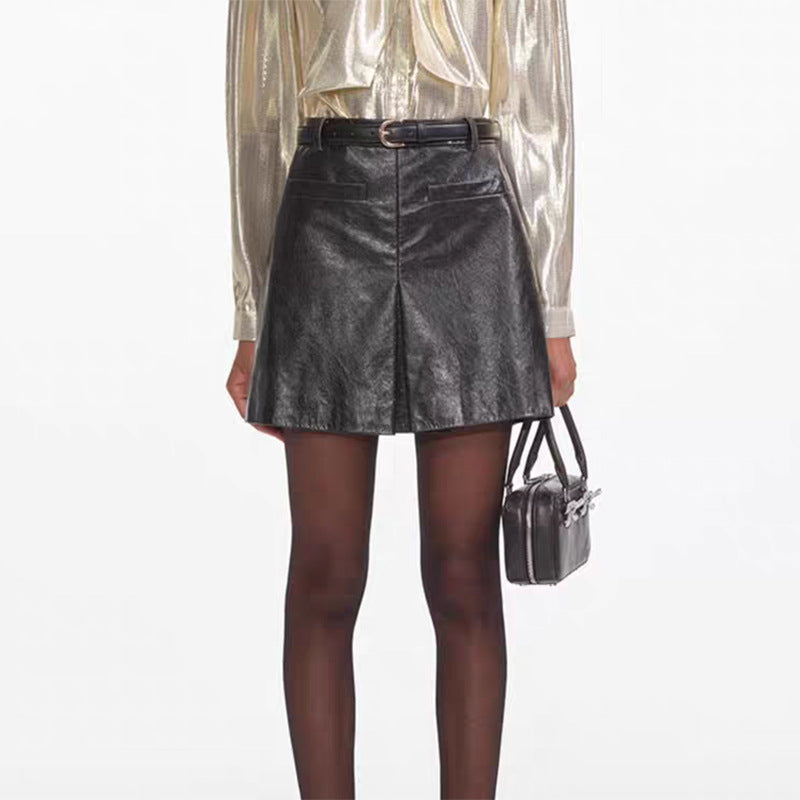 Women’s Black Leather Mini Skirt High Waist A-Line with Belt
