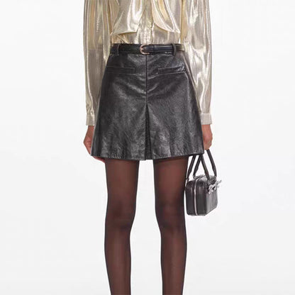 Women’s Black Leather Mini Skirt High Waist A-Line with Belt